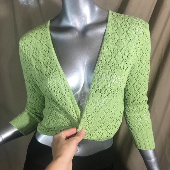Vintage USA Notations Women's Medium Crop Neon Green Crochet Knit Open Front Car - Picture 3 of 14